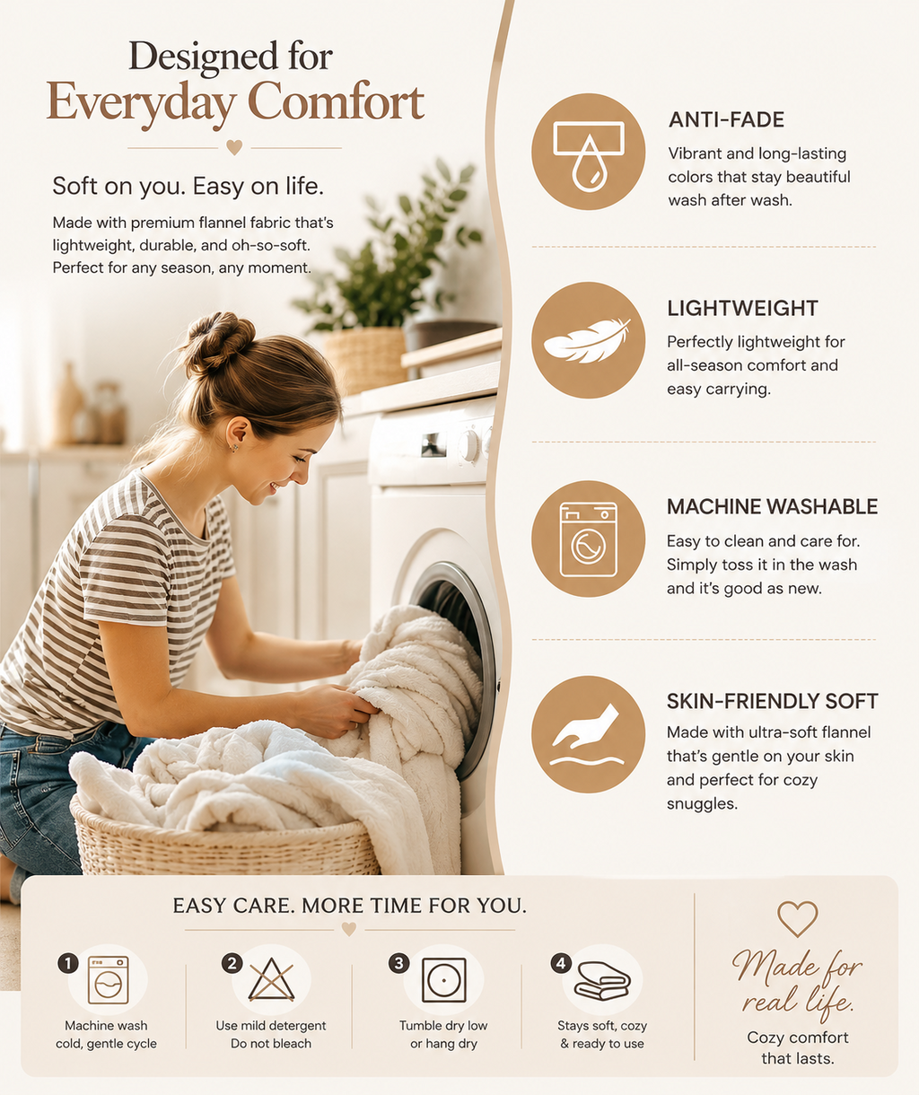 Designed for Everyday Comfort care instructions infographic