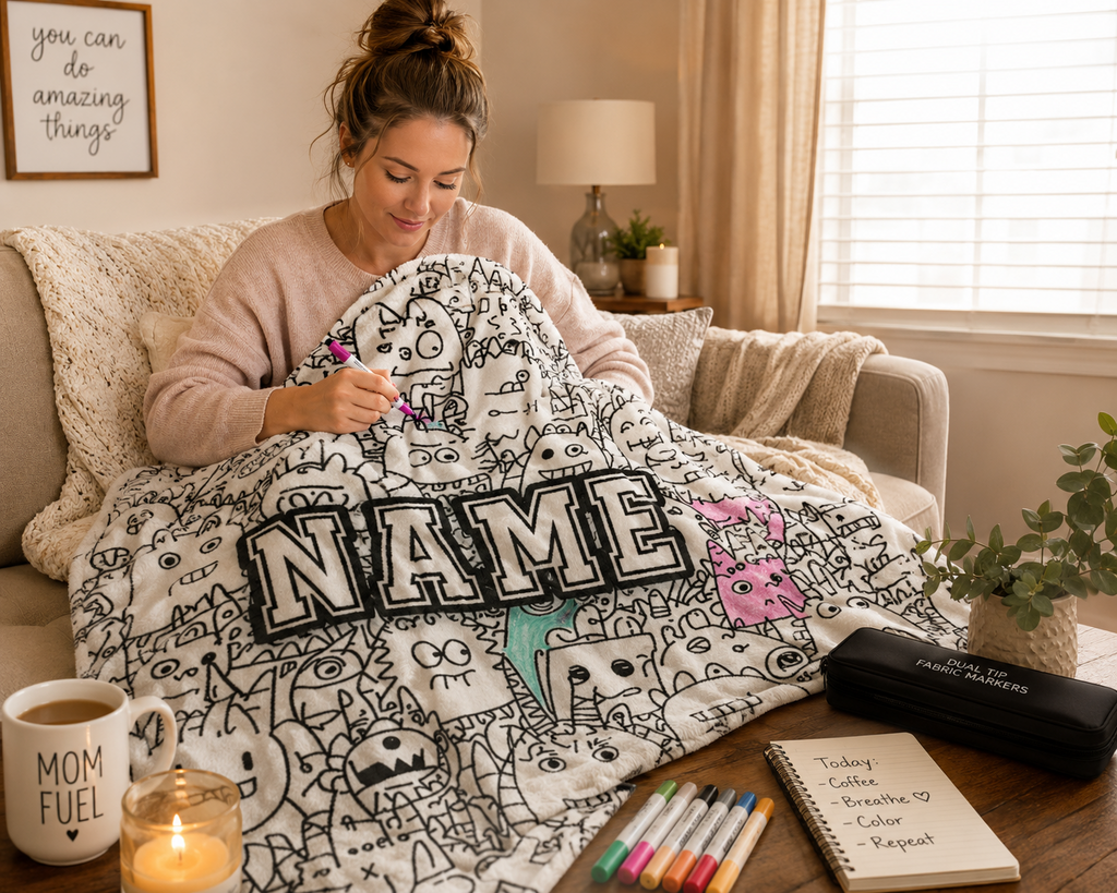 Woman relaxing on couch coloring her personalized cozy coloring blanket
