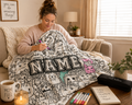 Woman relaxing on couch coloring her personalized cozy coloring blanket