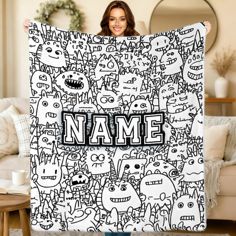 Woman using personalized cozy coloring blanket on sofa